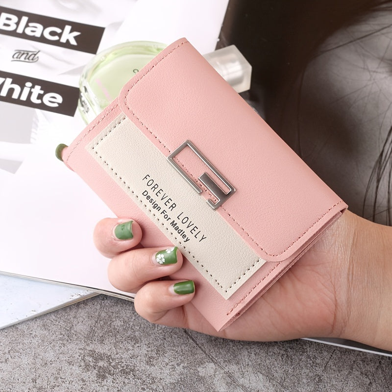 Letter Detail Small Wallet Cute Fold Faux Leather Wallet With Card Slots & Id Window