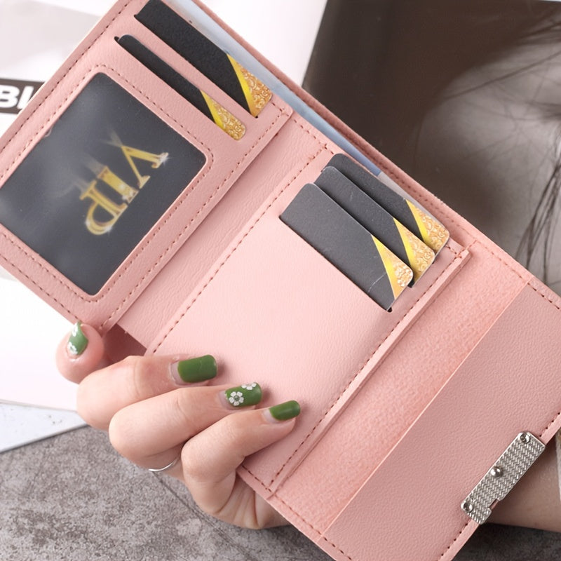 Letter Detail Small Wallet Cute Fold Faux Leather Wallet With Card Slots & Id Window