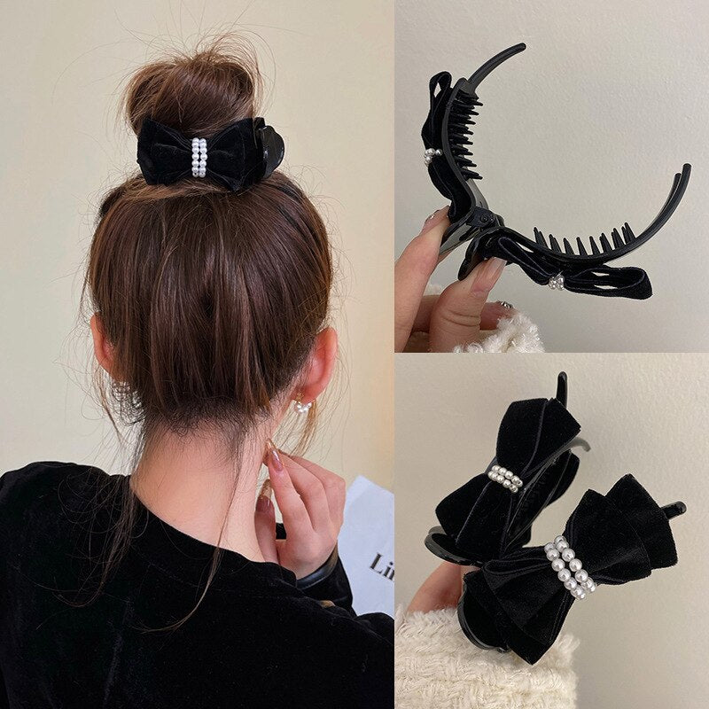 Black Velvet Head Grab Clip Bow Hair Clips