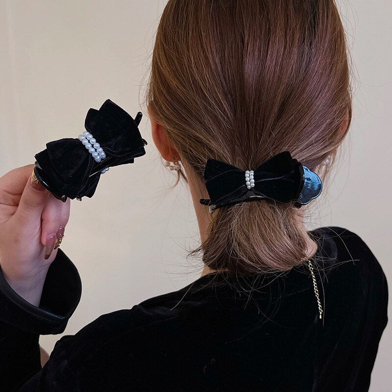 Black Velvet Head Grab Clip Bow Hair Clips