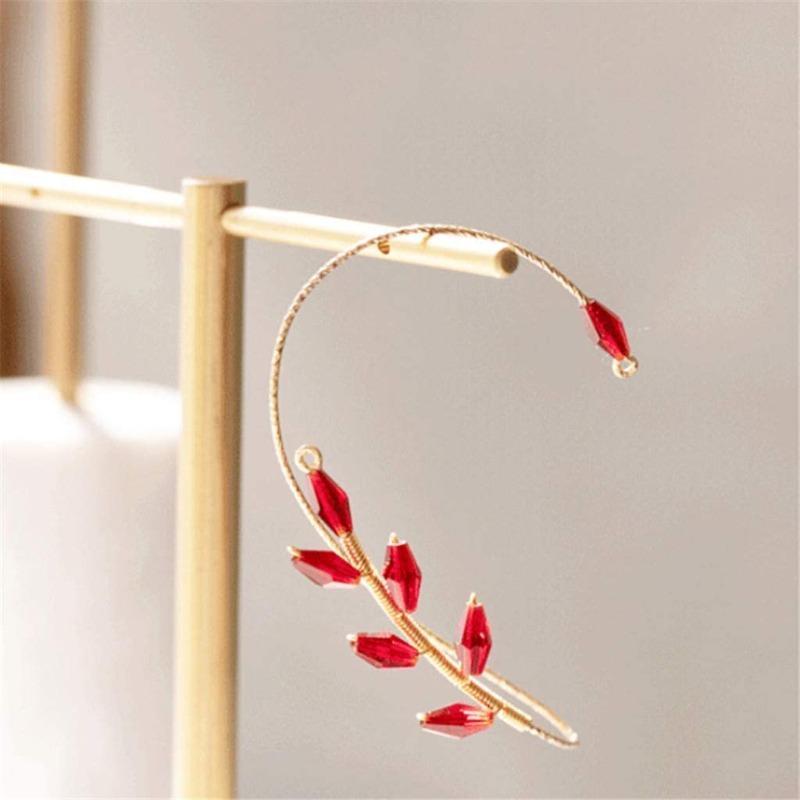 CrystalGoddess Vintage Asymmetrical Crystal Earrings Beading Ear Hook Non-piercing Leaf Earrings